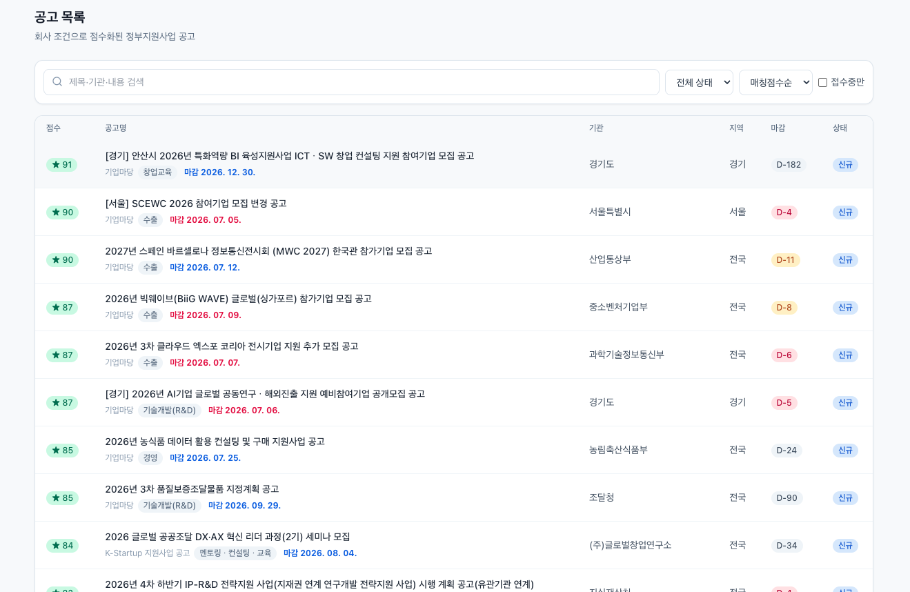 AI정부지원사업 매칭 시스템 공고 목록 화면